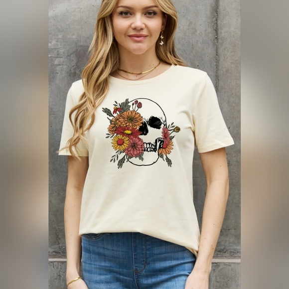100% Cotton Bright Colorful Floral Skull Graphic Short-sleeve Tee Shirt Ivory - Picture 8 of 10
